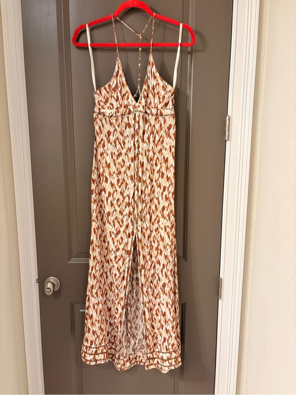 Brown Printed Spaghetti-Strap Jumpsuit